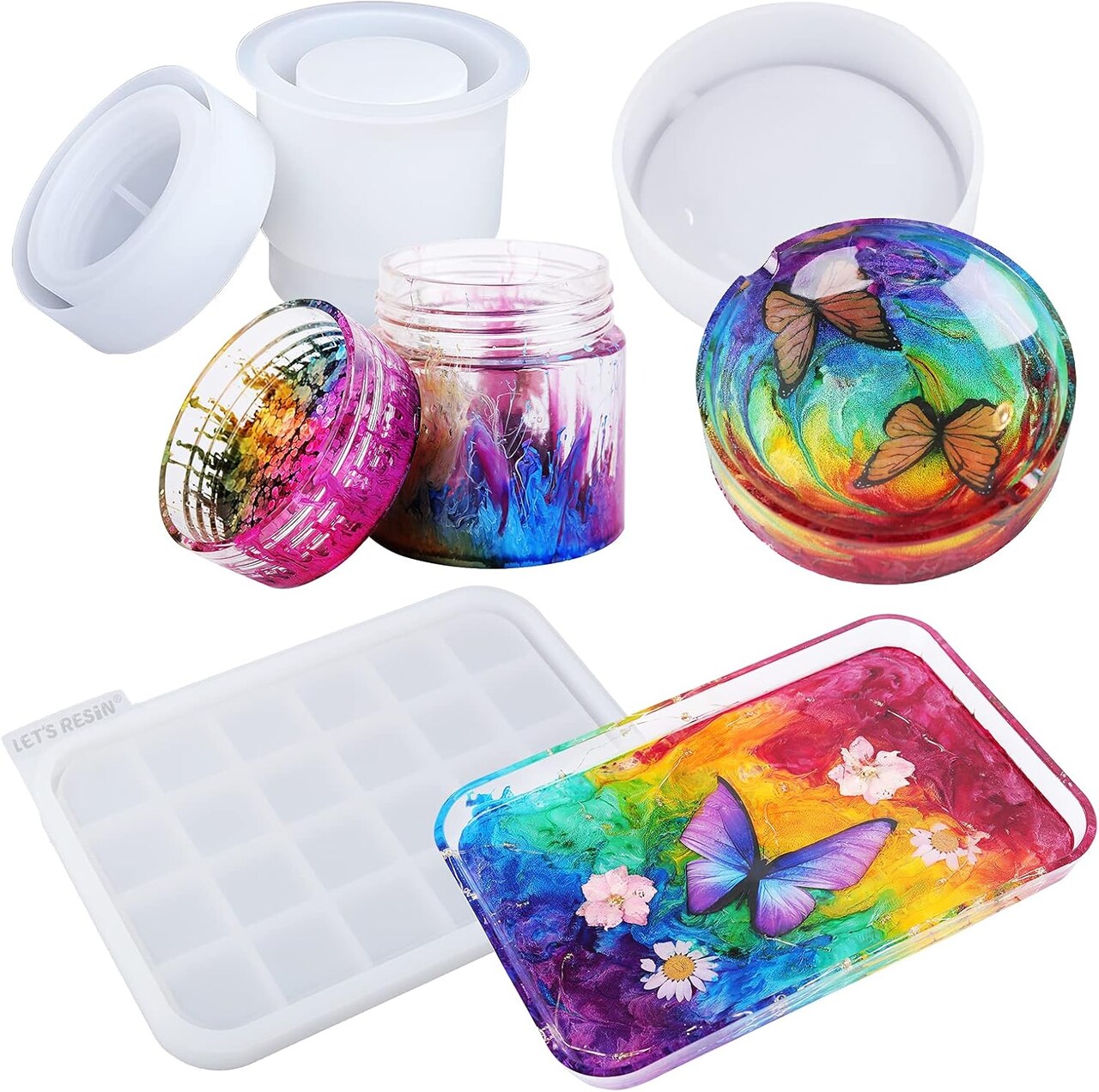 LET'S RESIN Resin Mold Silicone Kit with Resin Rolling Tray Mold, Ashtray Resin Jar Mold with Lid for Casting Resin,Epoxy Resin,DIY Storage Container